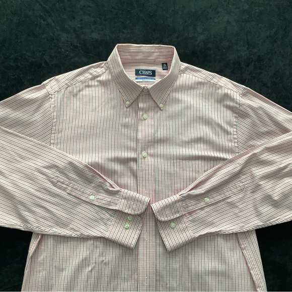 Chaps Stretch Collar Wrinkle Free Button Down Shirt 16.5 34/35 White Red - Picture 2 of 2